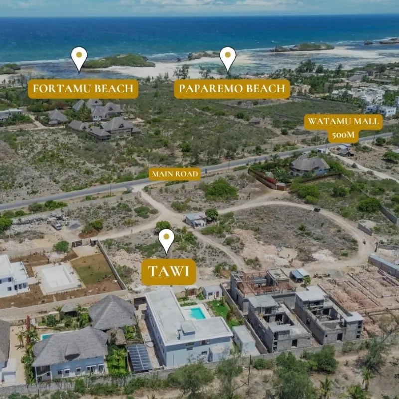 Aerial map of Watamu marking TAWI, the main road, Fortamu Beach, Paparemo Beach and Watamu Mall
