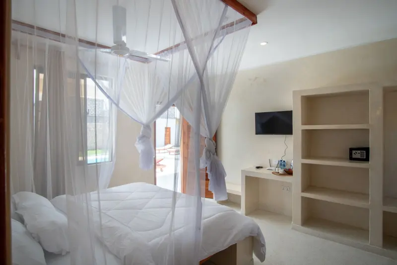 An Elegant Double Room with king-size bed and mosquito net