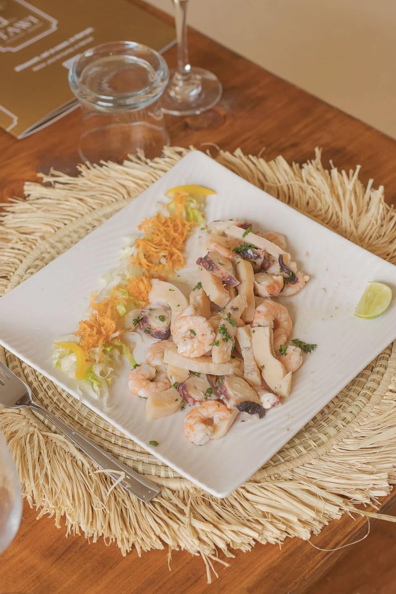 Prawns and calamari on a woven placemat